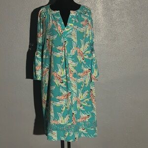 Crown & Ivy Teal Orange and White Tropical Pattern Summer Dress Women’s Size M